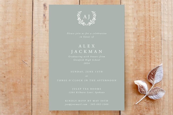 "Monogram and Laurel Wreath Graduation Invitation" - Stationery in Bamboo by itsjensworld - Front