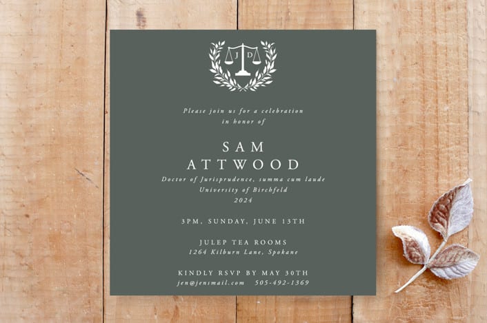 "Juris Doctor Law Scales and Laurel Wreath Square Invitation" - Stationery in Sage by itsjensworld - Front