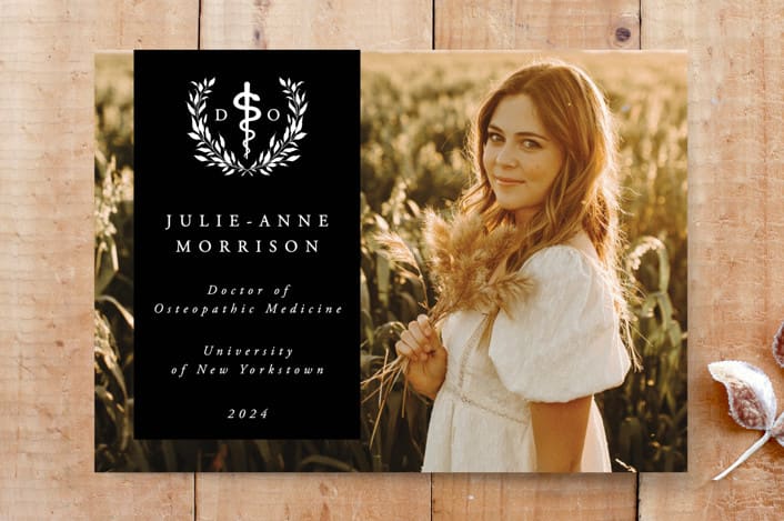 "Doctor of Osteopathic Medicine Laurel Wreath Photo Announcement" - Stationery in Noir by itsjensworld - Front