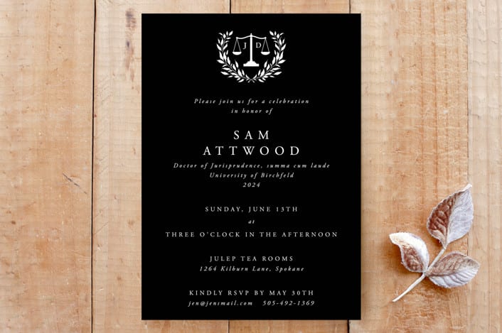 "Juris Doctor Law Scales and Laurel Wreath Invitation" - Stationery in Noir by itsjensworld - Front