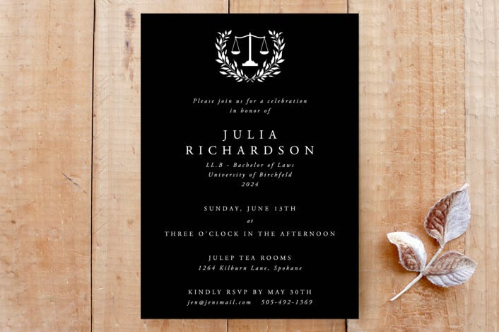 "Legal Qualifications Law Scales and Laurel Wreath Invitation" - Stationery in Noir by itsjensworld - Front