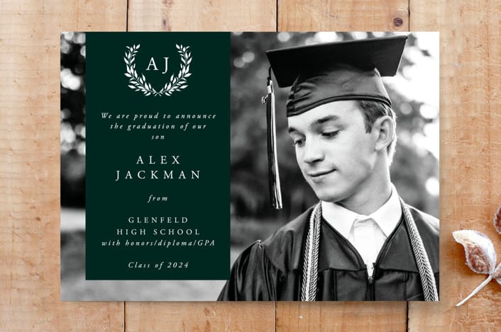 "Unisex Monogram and Laurel Wreath Graduation Photo Announcement" - Stationery in Forest by itsjensworld - Front