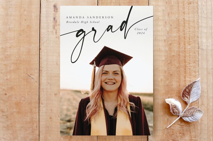 "Elegant Script Overlay Graduation Photo Announcement" - Stationery in Black by itsjensworld - Front