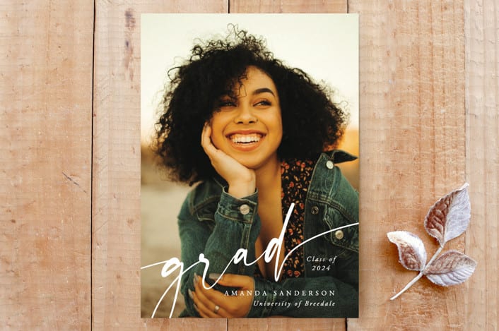 "Minimal Script Overlay Graduation Photo Announcement" - Stationery in White by itsjensworld - Front