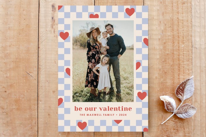 "Checkered Hearts Valentine's Day Photo Card" - Stationery in Cherry by Amber Barkley - Front