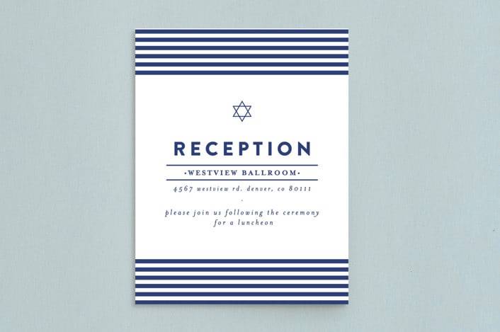 "Classic Stripes" - Mitzvah Reception Cards in Ocean by Melissa Egan of Pistols - Front