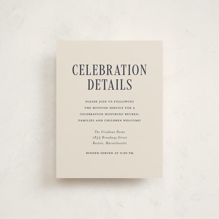 "Broche" - Mitzvah Reception Cards in Midnight by Meagan Christensen - Front