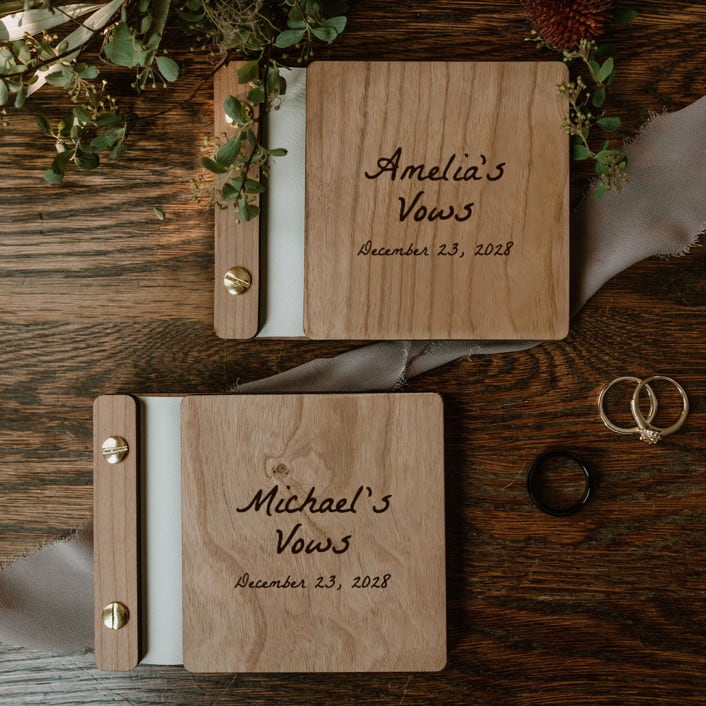 "Classic Script Vow Books | Cherry Wood | Set of 2" - Wedding Vow Books in brown by Katrina Mejia