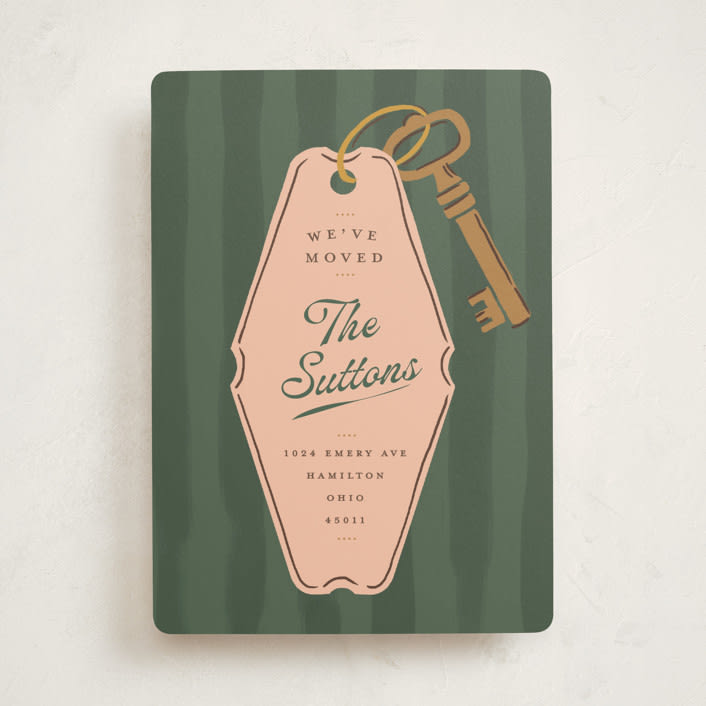 "Vintage Key Tag" - Moving Announcements in Kale by Susan Zinader - Front