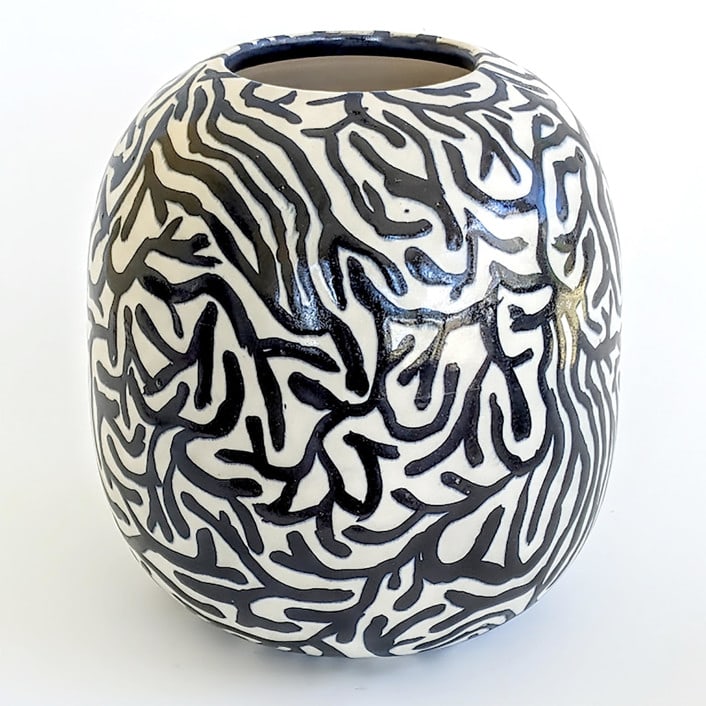 "stoneware vase with black and white maze pattern" - Vases in black by Liz Vigoda