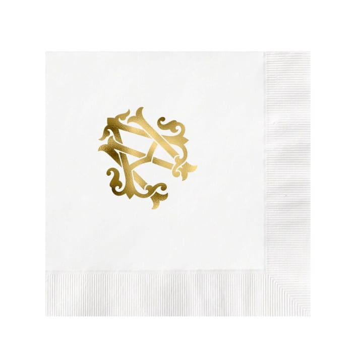 "Custom Monogram Featuring Chic Font Gold Foil on White Napkin" - Napkins in white by Papel Custom Design