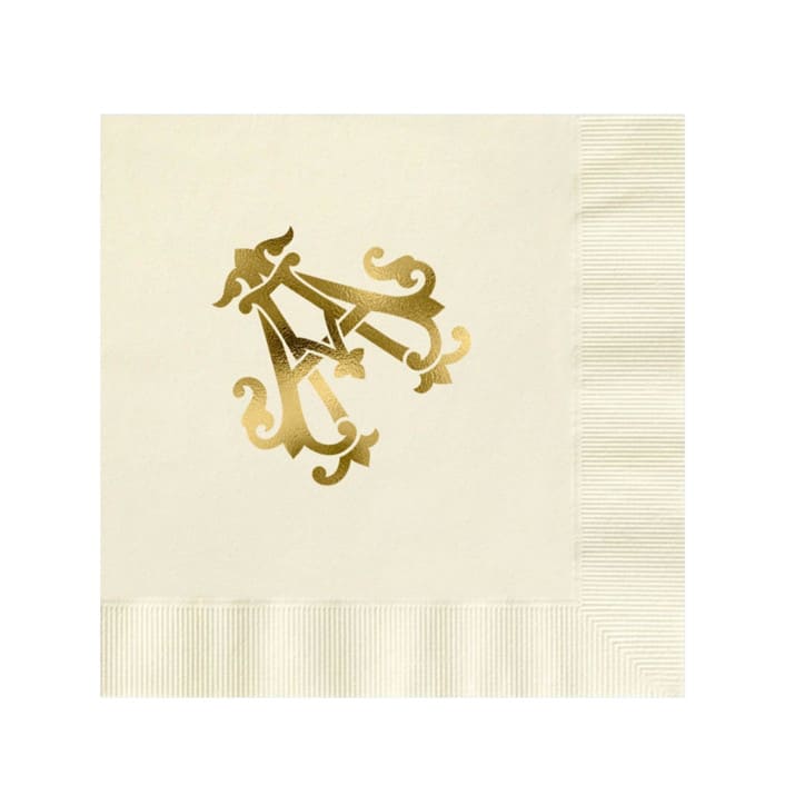 "Custom Monogram Featuring Chic Font Gold Foil on Ecru Napkin" - Napkins in beige by Papel Custom Design