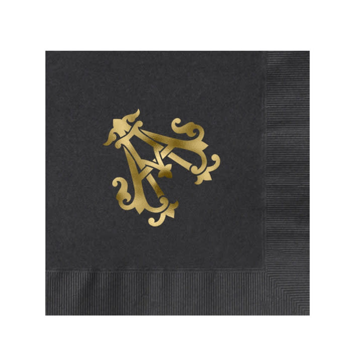 "Custom Monogram Featuring Chic Font Gold Foil on Black Napkin" - Napkins in black by Papel Custom Design
