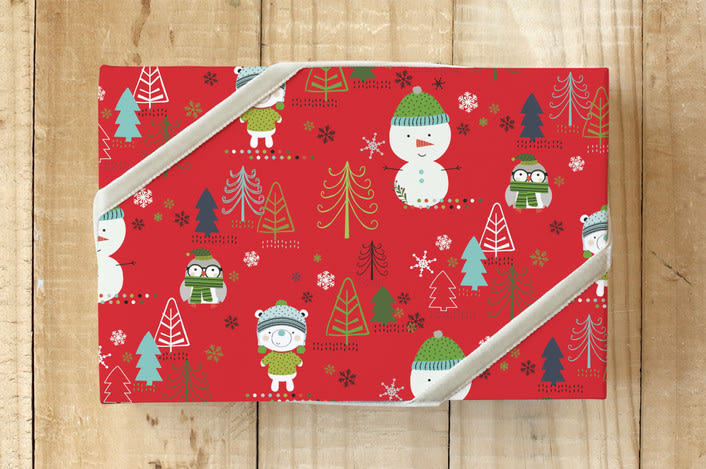 "Holiday Whimsy Snow Characters" - Wrapping Paper in Cherry Red by Angela Rekucki - Front