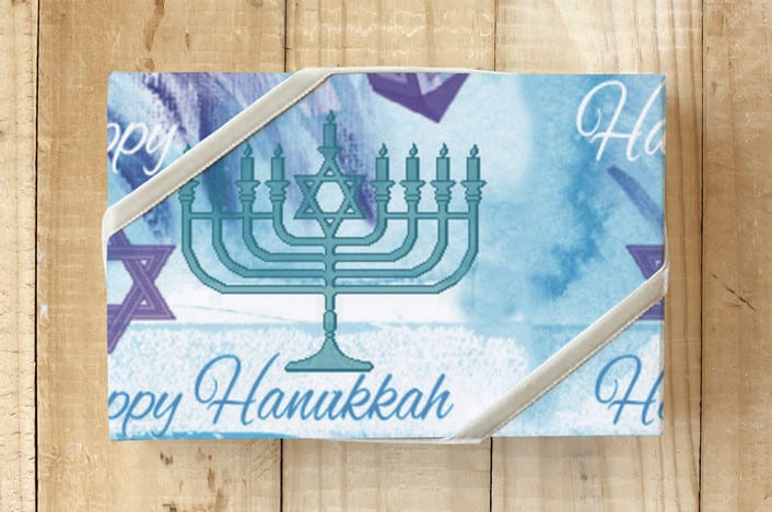 "Happy Hanukkah" - Wrapping Paper in Traditional Blue by A MAZ Design - Front