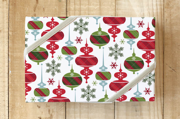 "Plaid Holiday Ornament Wrap" - Wrapping Paper in Snow White by Angela Rekucki - Front