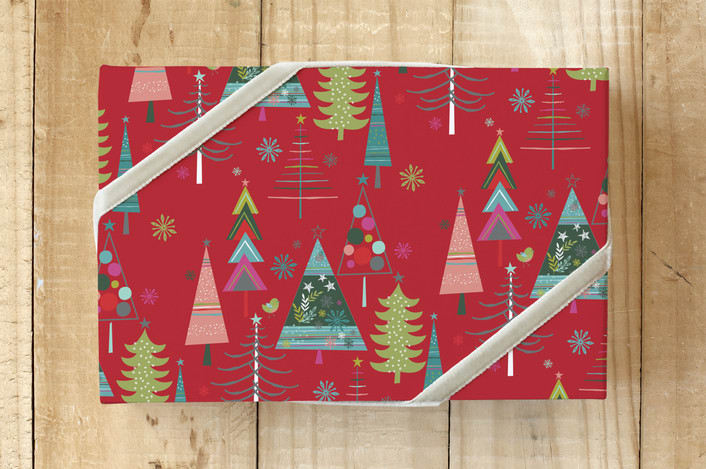 "Trendy Trees Wrap" - Wrapping Paper in Red by Angela Rekucki - Front