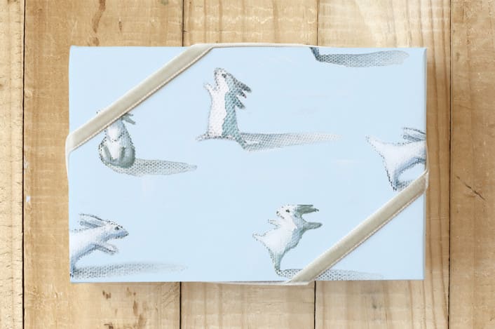 "Shy Bunny" - Wrapping Paper in Baby Blue by Sarah Holden - Front
