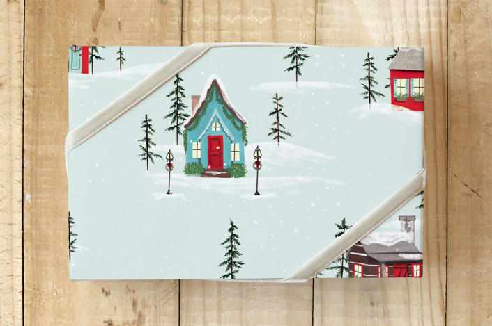 "Merry Little Houses" - Wrapping Paper in Cool Mint by Jen Boehler - Front