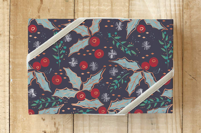 "Hollies and Boughs" - Wrapping Paper in Blueberry by Carole Crohan - CaroleeXpressions - Front