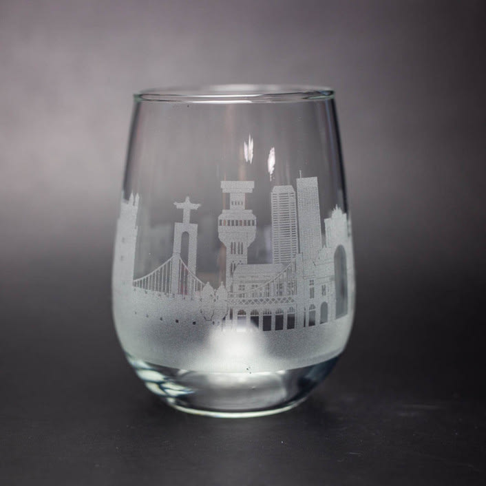 "Lisbon, Portugal Skyline Stemless Wine Glass" - Drinkware in clear by stephanie miller 1