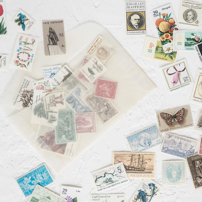 "Flat Lay Vintage Postage Styling Set // Set of 20 // Assorted Stamps for Photos" - Postage Stamps in multicolorassorted-colors by Flourish Fine Writing
