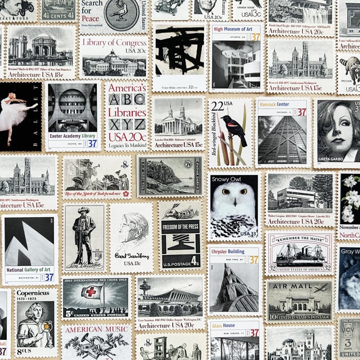 "$1.07 . Black Vintage Postage Stamp Variety Pack . Set of 5" - Postage Stamps in black by Kristen Melchor
