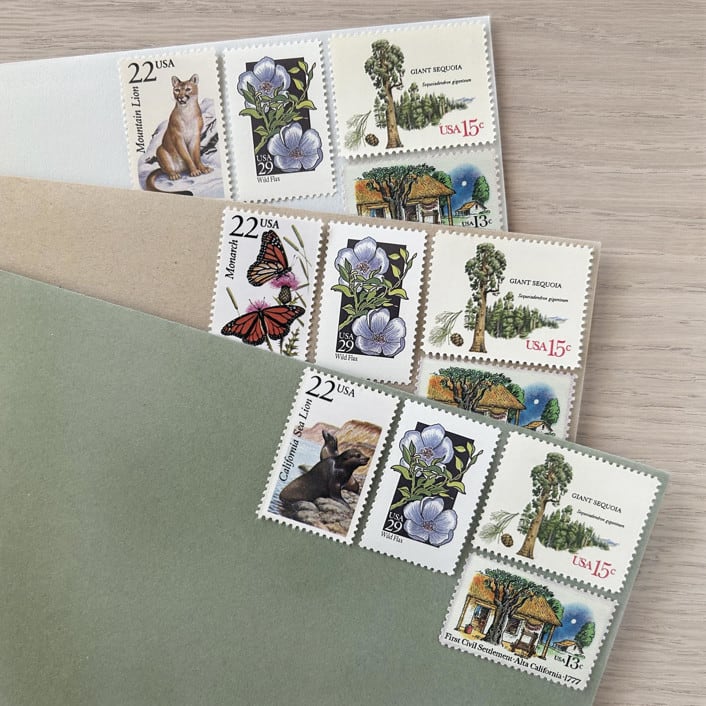 "79 cents . California vintage postage stamps . Set of 5" - Postage Stamps in green by Kristen Melchor