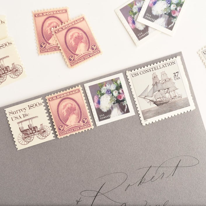 "White Hydrangea and  lavender Roses with Ships Vintage Postage Stamp Set // Set of 5 // $1.31 in postage per set // 3 ounces // 1 ounce plus non-machinable" - Postage Stamps in pink by Flourish Fine Writing