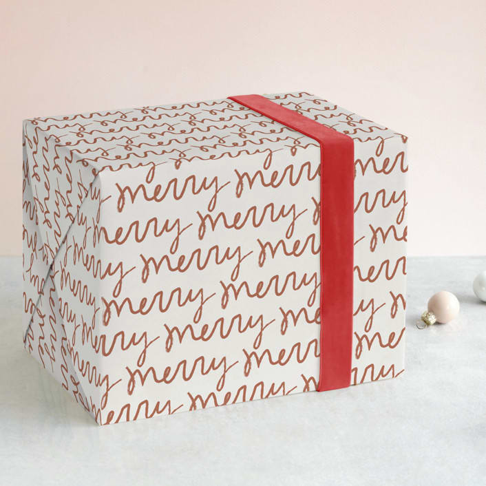 "Merry Merry" - Wrapping Paper in Terracotta by Kelly Watkins - Front