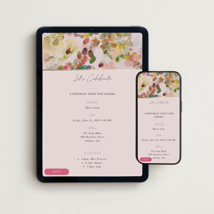 "floral" - Online Engagement Party Invitations in Wildberry by Lori Wemple - Mobile + desktop layout