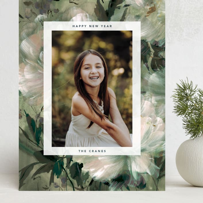 "Winter Peonies" - Holiday Cards in Wintergreen by Kelly Ventura - Front