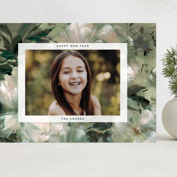 "Winter Peonies" - Holiday Cards in Wintergreen by Kelly Ventura - Front