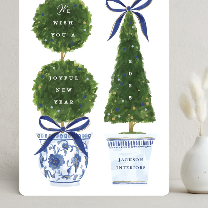 "Festive Topiaries" - Holiday Cards in Harbor by Susan Zinader - Front