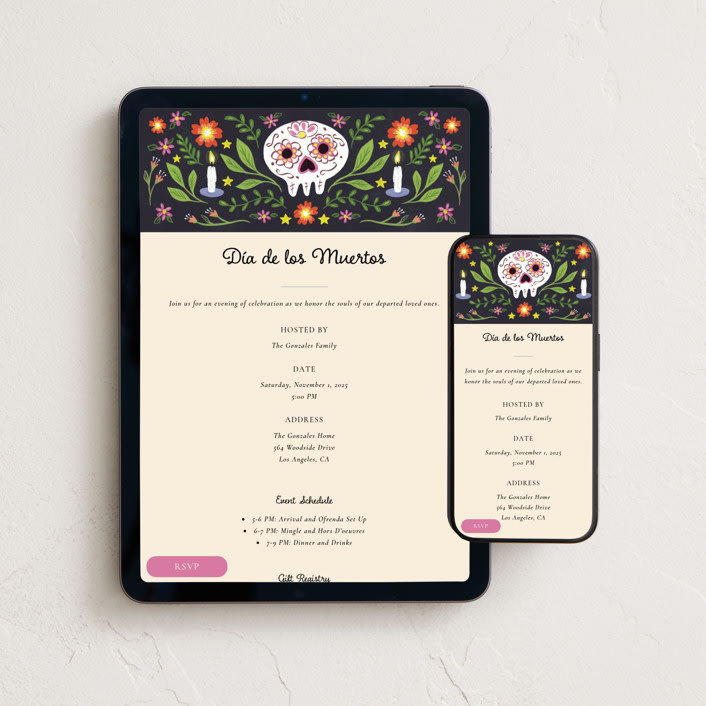 "Sugar Skull Soirée" - Online Holiday Party Invitations in Petal by Ana Sharpe - Mobile + desktop layout