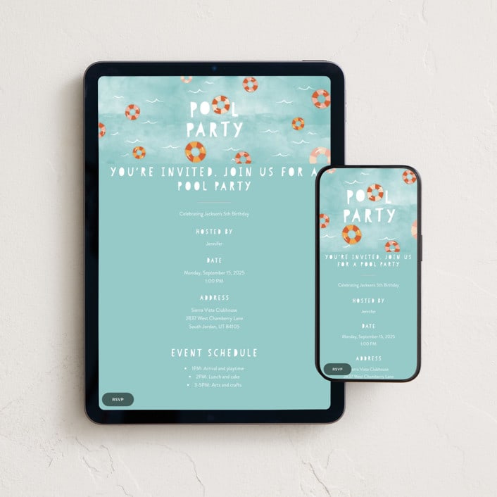 "Pool Party" - Online Kids Birthday Invitations in Palm Springs by Robert and Stella - Mobile + desktop layout