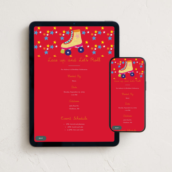 "Skate Date" - Online Kids Birthday Invitations in Ruby by Krista Messer - Mobile + desktop layout