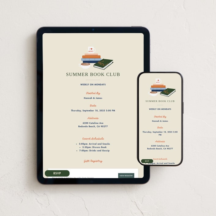 "Book Club" - Online Party Invitations in Cream by Becky Nimoy - Mobile + desktop layout