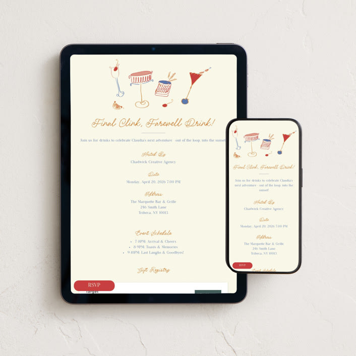 "Final Clink, Farewell Drink" - Online Party Invitations in Cherry by Sarah Rosenthal - Mobile + desktop layout