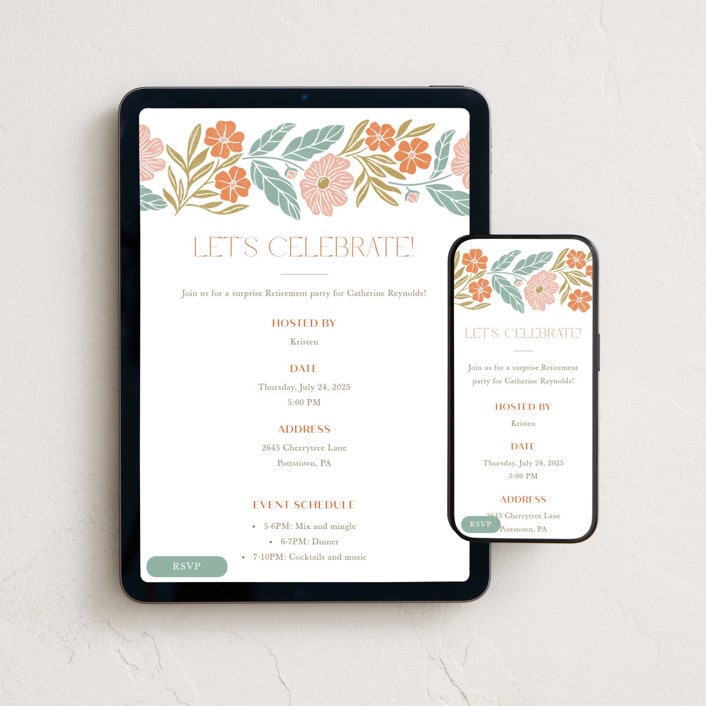 "Flowers and Friends" - Online Party Invitations in Peach by Brandy Folse - Mobile + desktop layout