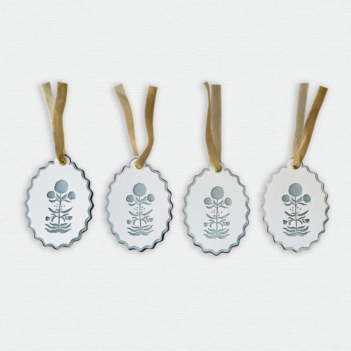 "Paper Cut Out Hand Painted in Sky Blue Block Print Ornaments - Set of 4" - Ornaments in blue by Lottie Aldarwish