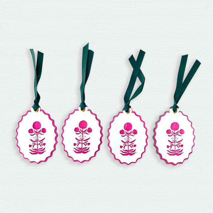 "Paper Cut Out Hand Painted in Hot Pink Block Print Ornaments - Set of 4" - Ornaments in pink by Lottie Aldarwish