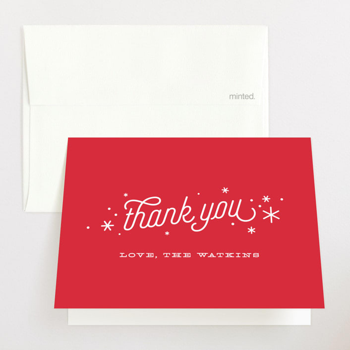 "Happier Holidays" - Pregnancy Announcement Thank You Cards in Poinsettia by Jennifer Wick - Front