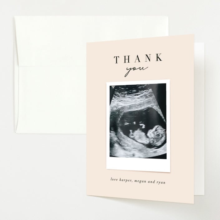 "Coming Soon Snap" - Pregnancy Announcement Thank You Cards in Peach by Lori Wemple - Front