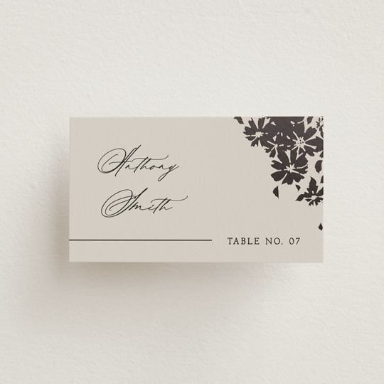 "Bouquet Toss" - Place Cards in Smoke by Robert and Stella - Front with Free Guest Printing