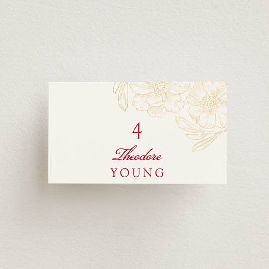 "Double Peony" - Place Cards in Ruby by Janean Hinger - Front with Free Guest Printing