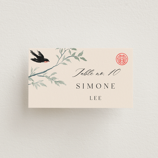 "LOVEBIRDS" - Place Cards in Cream by Elly - Front with Free Guest Printing