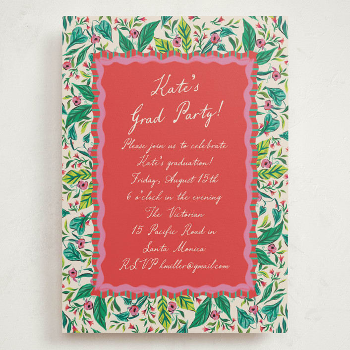 "Whimsical Hand Illustrated Crest" - Graduation Party Invitations in Peony by Jackie Crawford - Front