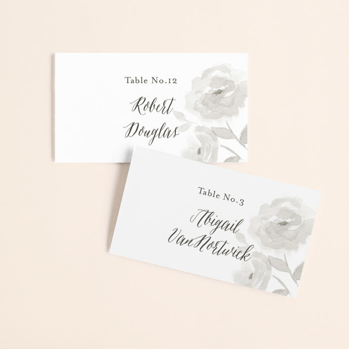 "Watercolor Floral" - Place Cards in Fog by Jill Means - Front with Free Guest Printing