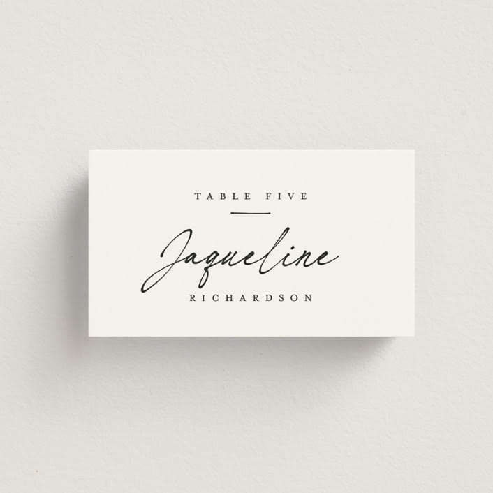 "Scripted Elegance" - Place Cards in Linen by Ana de Sousa - Front with Free Guest Printing
